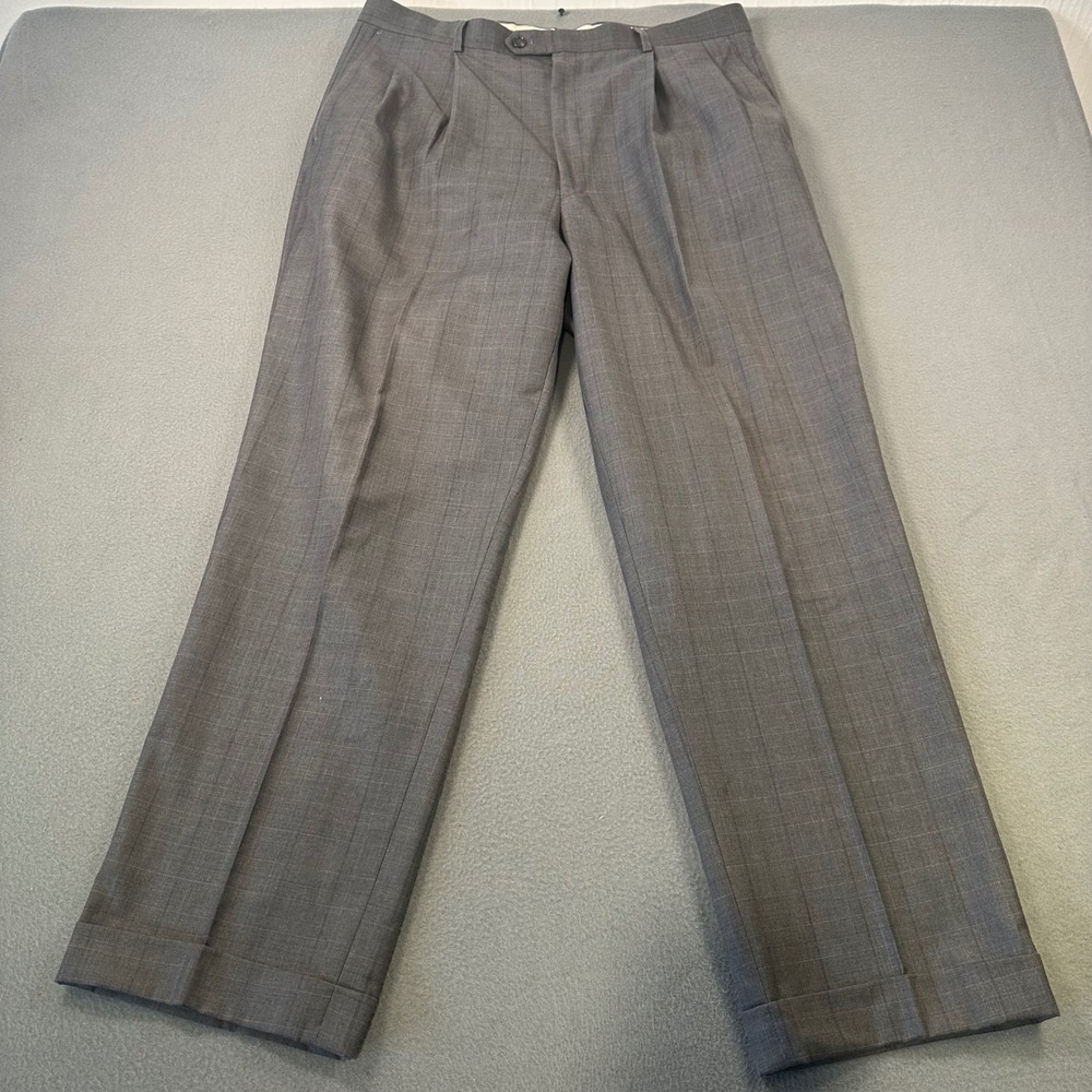 Angelino Mens Gray Plaid Pleated Cuffed Dress Pants W36 L31 Italy Design